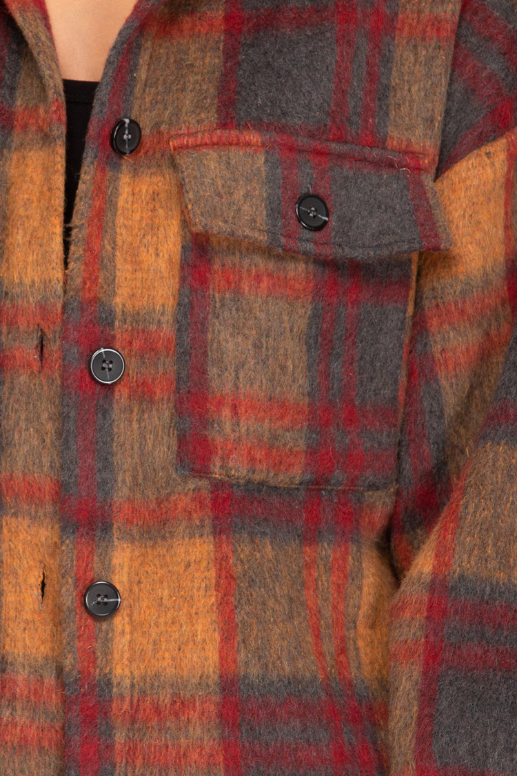 Shacket Long Sleeve Woven Flannel Plaid Shirt Jacket With Pockets