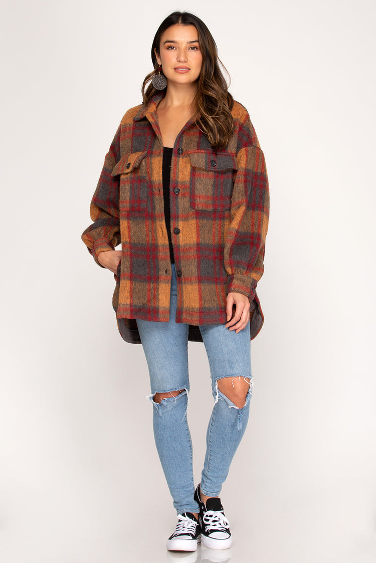 Shacket Long Sleeve Woven Flannel Plaid Shirt Jacket With Pockets