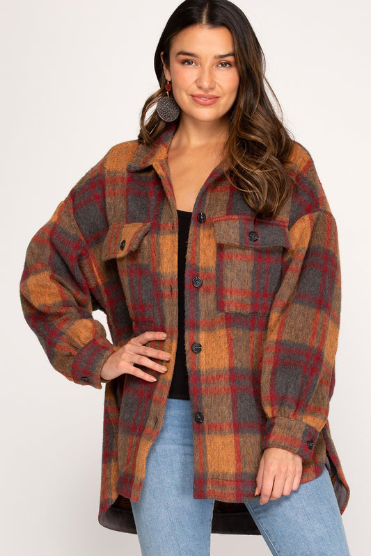 Shacket Long Sleeve Woven Flannel Plaid Shirt Jacket With Pockets