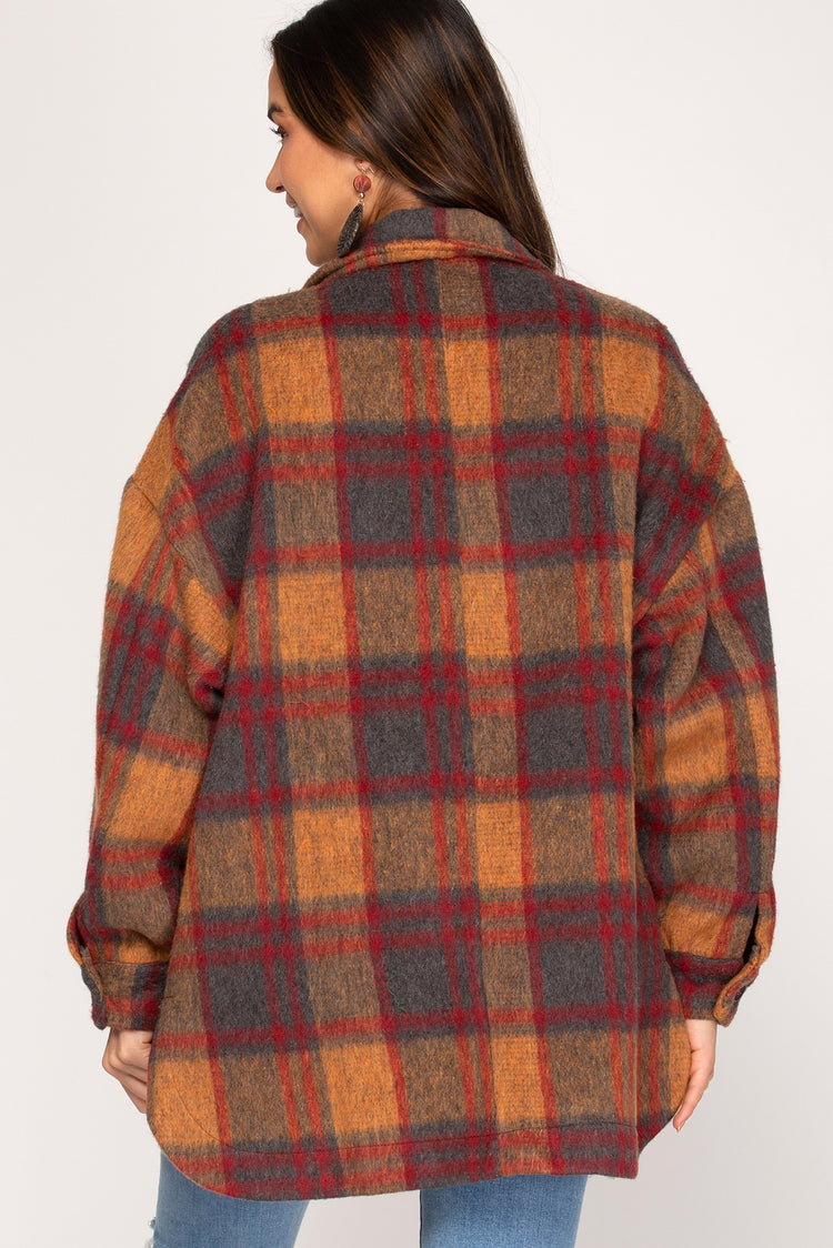 Shacket Long Sleeve Woven Flannel Plaid Shirt Jacket With Pockets