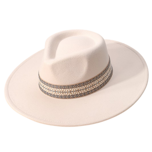 Embroidered Strap Flat Brim Suede Fedora