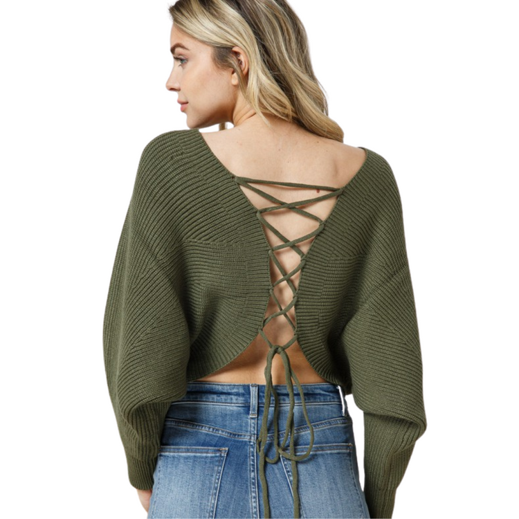 Lace Up Open Back Dolmen Crop Sweater