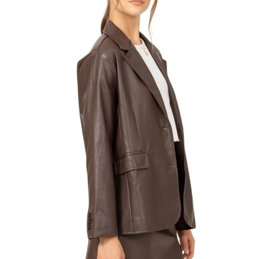 Dark Chocolate Brown Single Breasted PU Leather Blazer