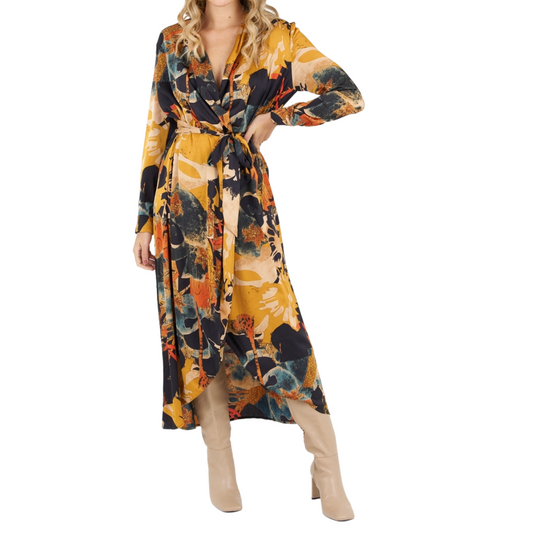 Abstract Black Rust Yellow Teal Long Wrap Dress