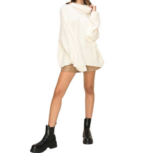 Cozy Cream Loose Turtleneck Drop Shoulder Sweater