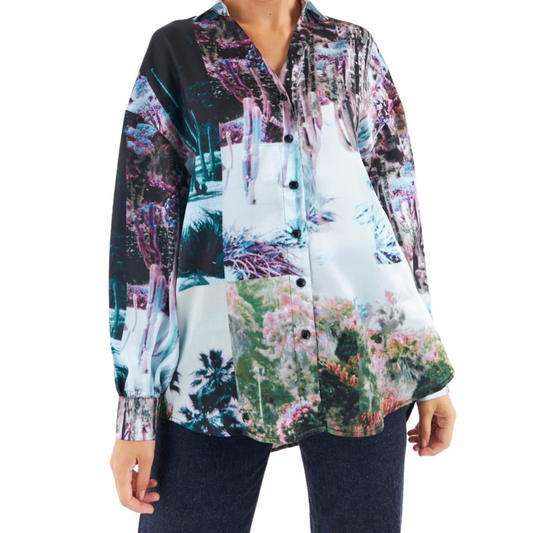 Abstract Cactus Landscape Photo Print Button Down Top