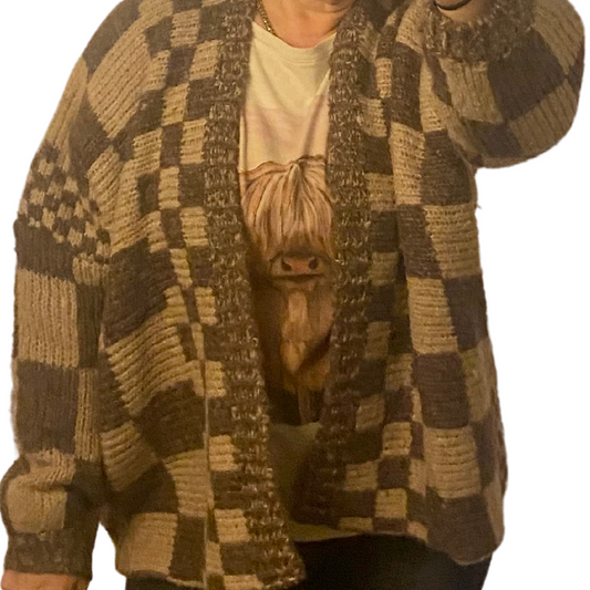 Brown Tan Checkered Open Front Chunky Cardigan Sweater