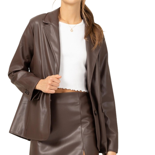 Dark Chocolate Brown Single Breasted PU Leather Blazer