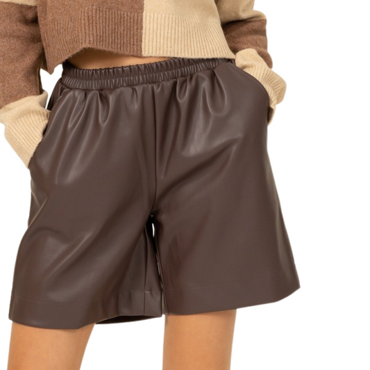 Dark Chocolate Brown PU Leather Elastic Waist Shorts