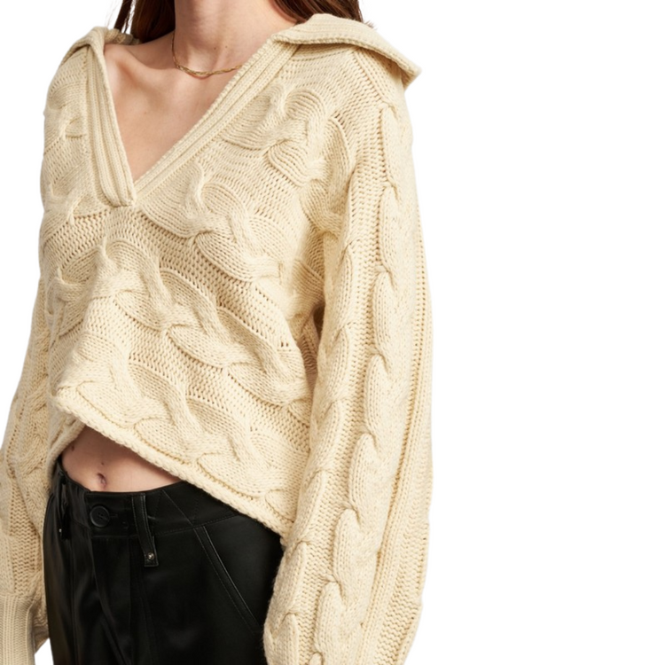 Ivory Cable-knit Boxy Crop Collared Sweater