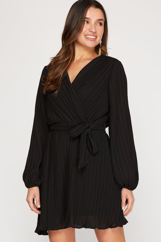 Long Sleeve Surplice Pleated Woven Dress With Waist Sash