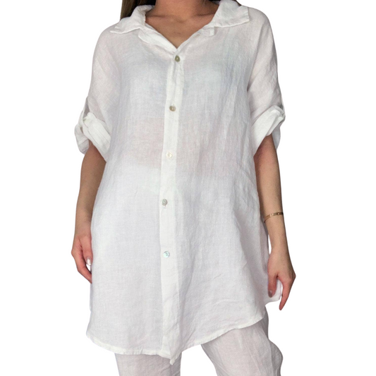 Long White Italian Linen Button Down Long Sleeve Top