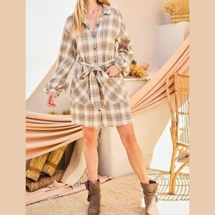 Bubble Sleeved Plaid Belted Shirt Dress