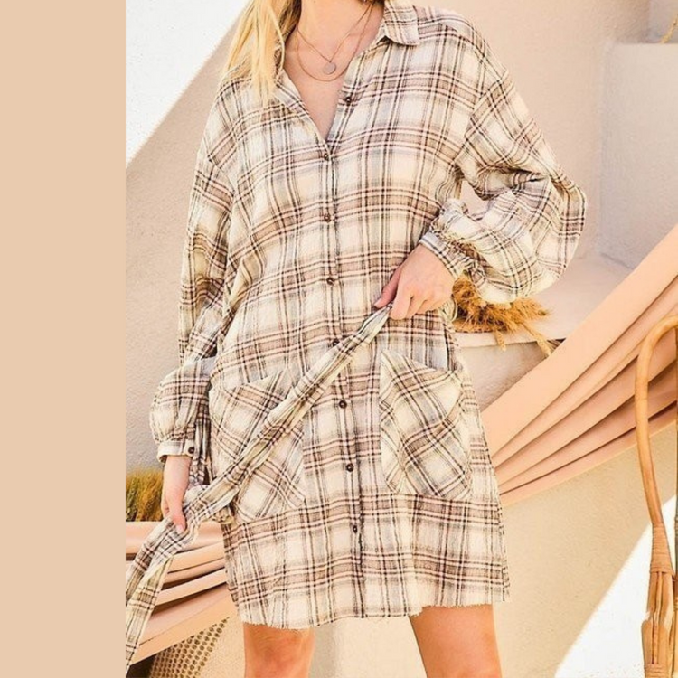 Bubble Sleeved Plaid Belted Shirt Dress