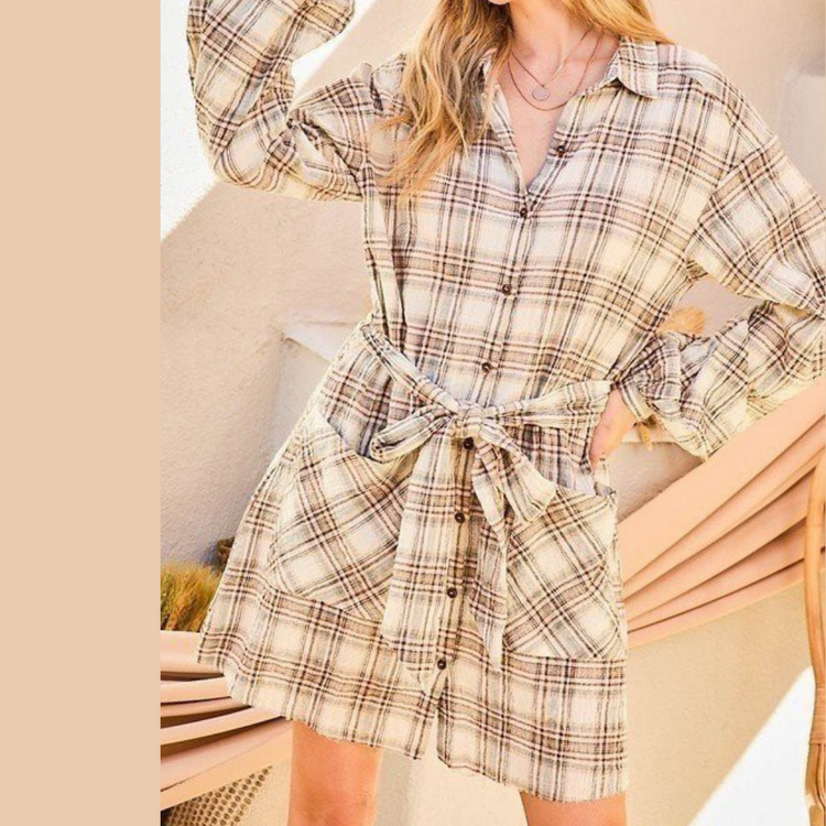 Bubble Sleeved Plaid Belted Shirt Dress