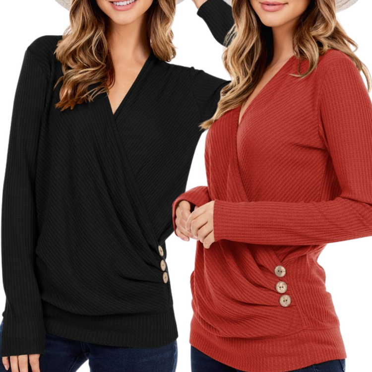 Long Sleeve Criss-Cross V-Neck Waffle Tunic Top