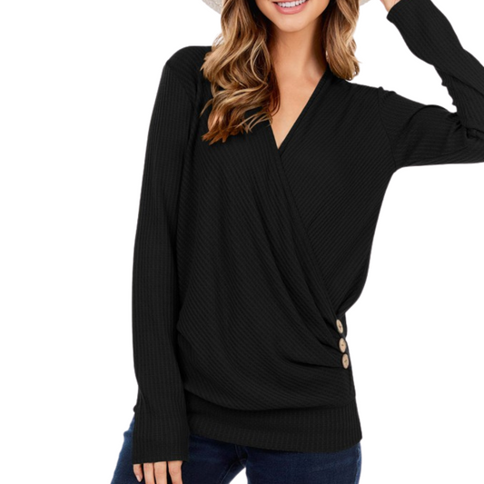 Long Sleeve Criss-Cross V-Neck Waffle Tunic Top