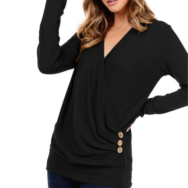 Long Sleeve Criss-Cross V-Neck Waffle Tunic Top