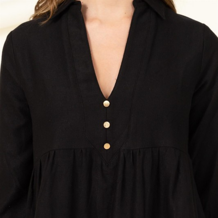 Black Tiered Corduroy V-Neck Shirt Dress