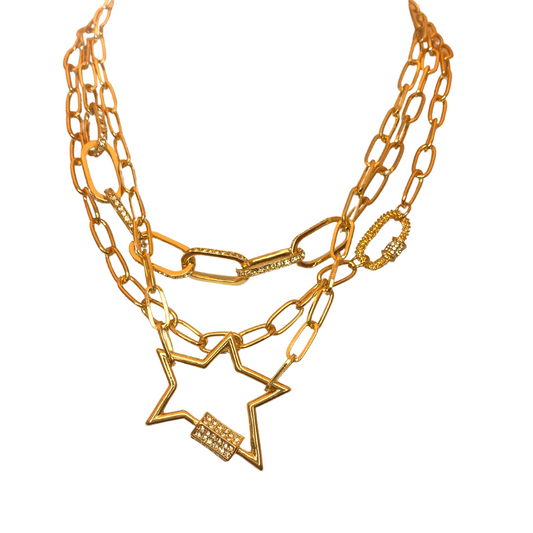 Gold Paperclip Adjustable Length Chocker Necklace with with Crystal Studded Chainlink Design