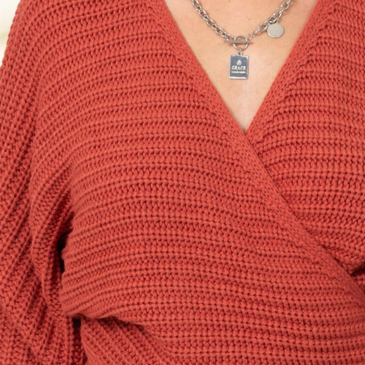 Cable Knit Baked Clay Wrap Long Dolman Sleeve Sweater