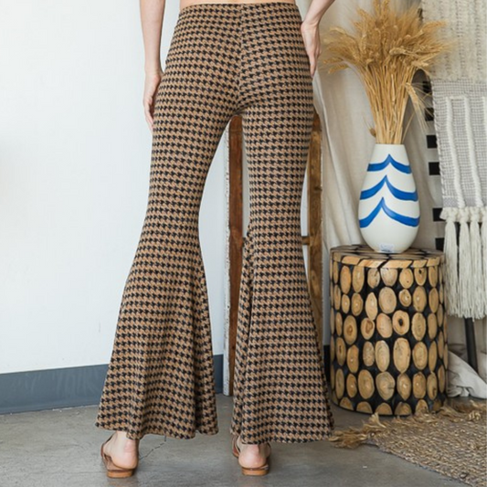 Black Taupe Houndstooth Flare Bell Bottom Stretch Pants