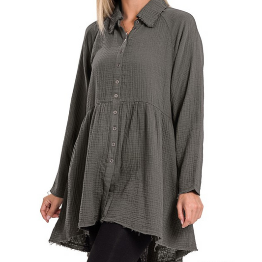 Charcoal Gray Raw Edge Gauze Button Down Hi-Low Babydoll Long Sleeve Top