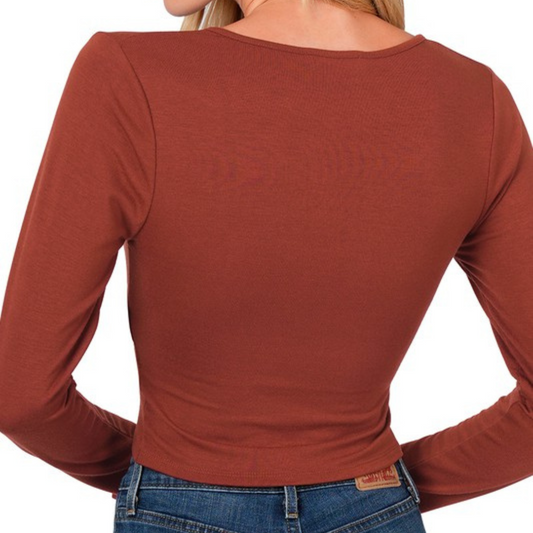 Rust Brick Long Sleeve Twist Front Crop Top