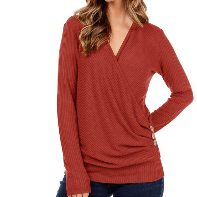 Long Sleeve Criss-Cross V-Neck Waffle Tunic Top