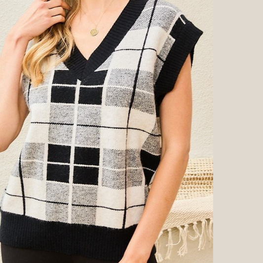 Black Gray White Plaid Oversized V-Neck Sweater Vest.