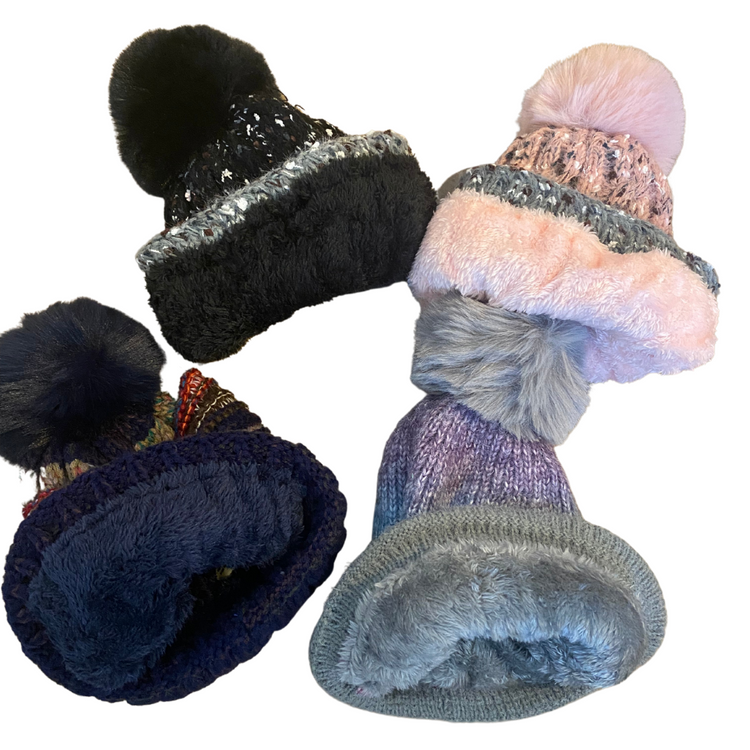 Knitted Beanie Hat w Faux Fur Lined Inside w Pom Ball