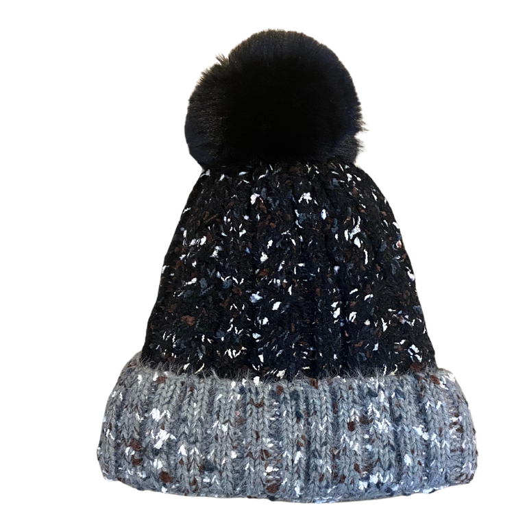 Knitted Beanie Hat w Faux Fur Lined Inside w Pom Ball