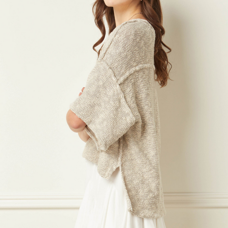 High Low Buttoned V-Neck Half Sleeve Sweater