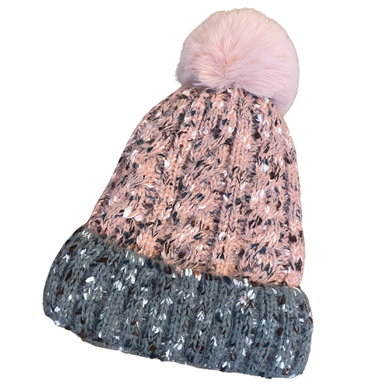 Knitted Beanie Hat w Faux Fur Lined Inside w Pom Ball