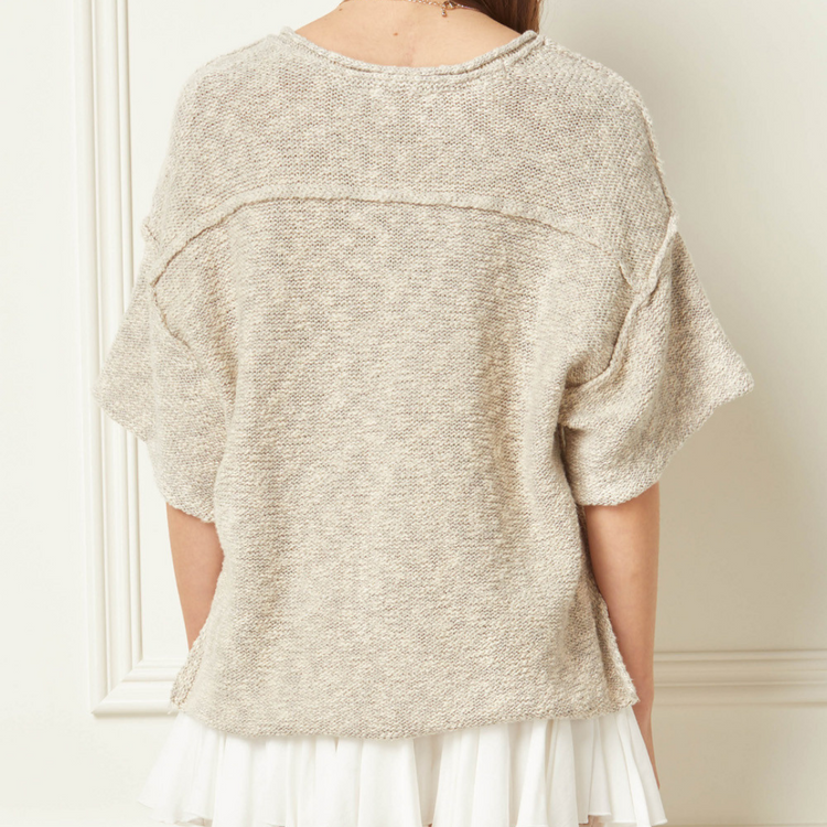 High Low Buttoned V-Neck Half Sleeve Sweater