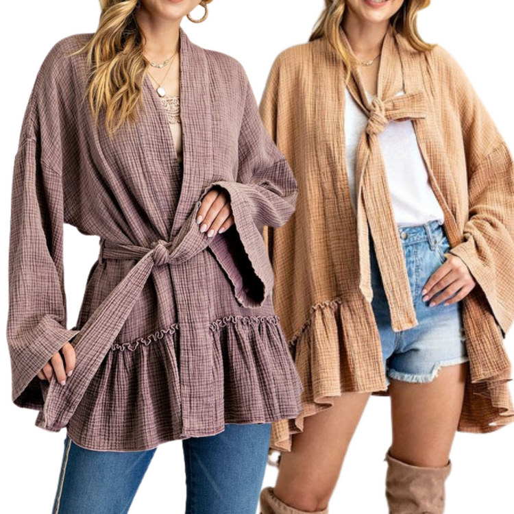 Thick Gauzy Ruffled Tie Waisted Open Kimono