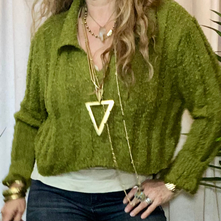 Olive Green Cozy Soft V Neck Collard Crop Sweater