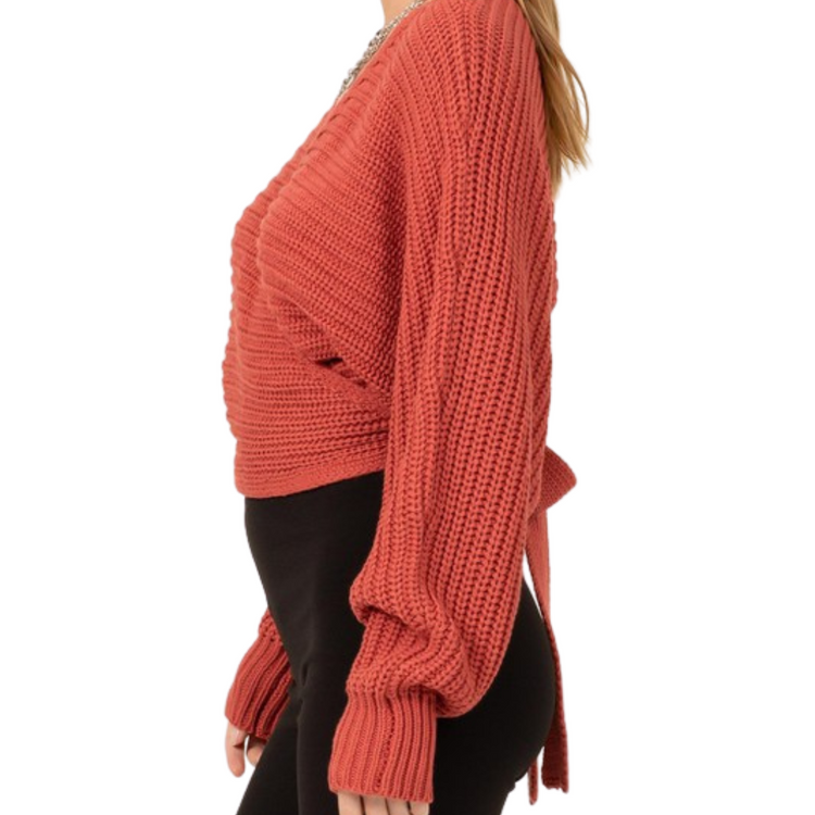 Cable Knit Baked Clay Wrap Long Dolman Sleeve Sweater