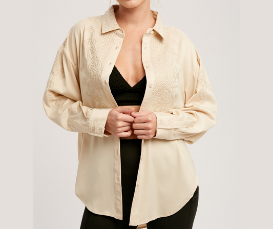 Embroidered Cream Satin Woven Button Shirt Top