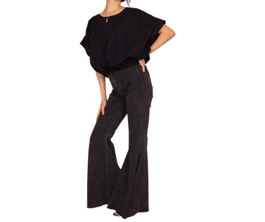 Short Sleeve Black Billowy Poplin Top with Elasticized Crop Hem