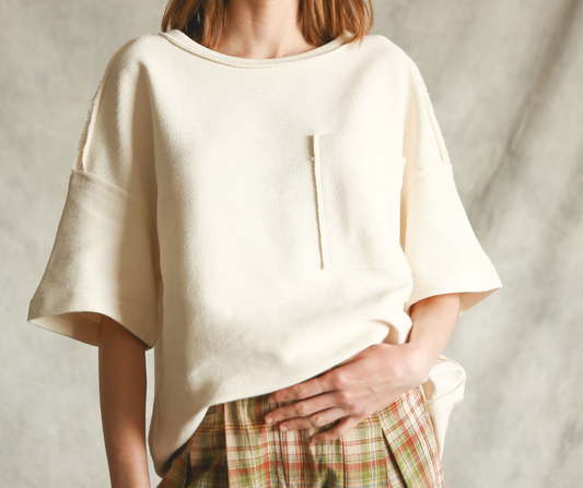 Cream Soft Felt Textured French Terry Knit Oversized Short Sleeve Top