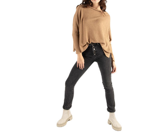 Tan Waffle Knit Dolman Sleeve Top