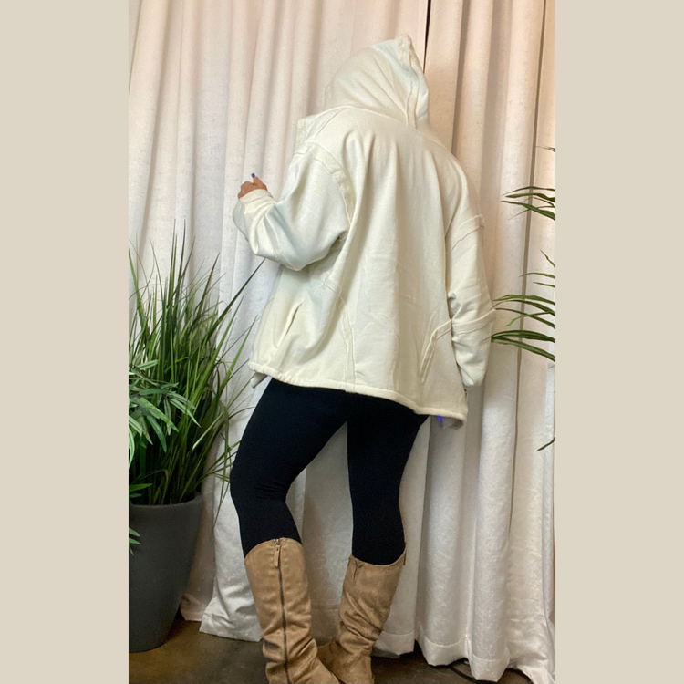 Cozy Cream Open Front Hoodie Jacket with Drawstring Waist and Side Pockets