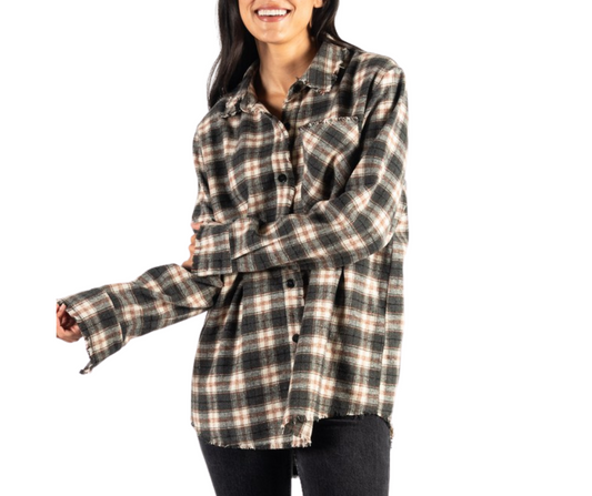 Charcoal Cream Plaid Raw Edge Button Up Shirt