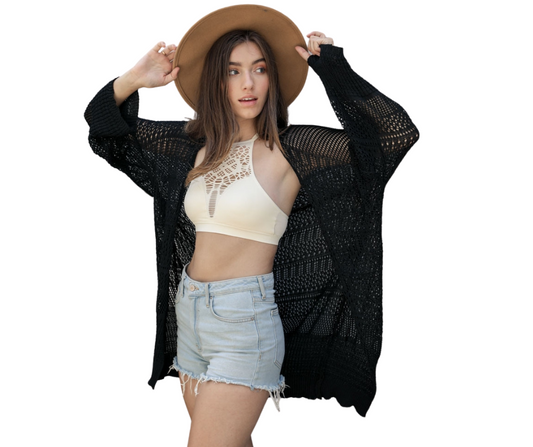 Black Shear Knitted Sweater Kimono Pancho