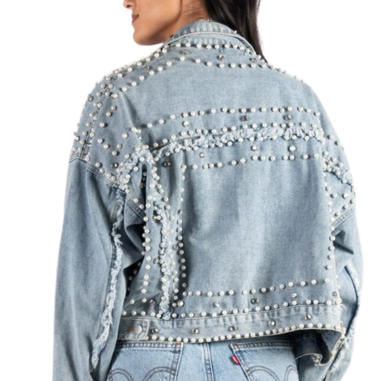 Denim Jacket with Pearl Embellishments