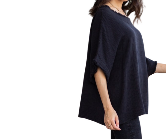 Black Cotton Gauze Pancho Top with Raw Edge