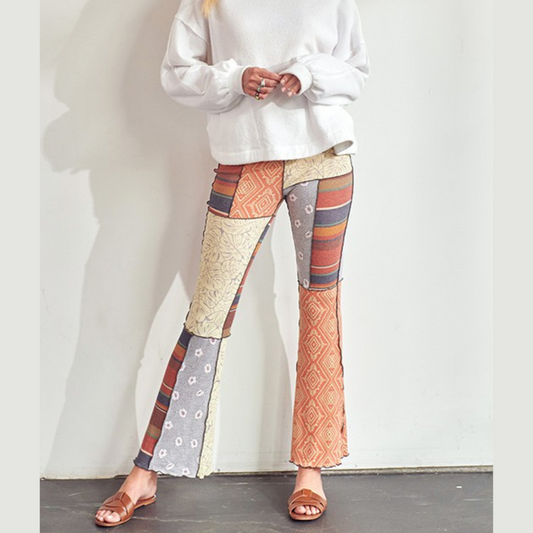 Patchwork Exposed Seam Flare Bell Bottom Stretch Pants