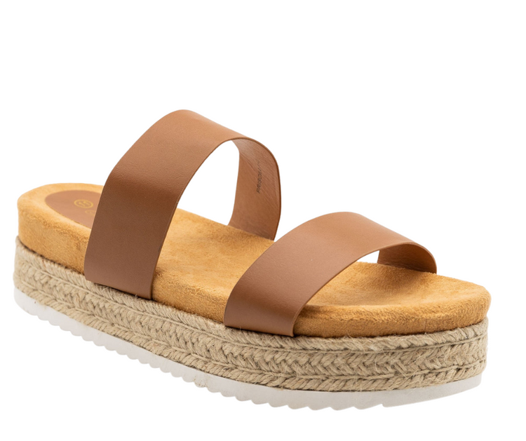 Priscilla Tan Double Strap Platform Slip-On Slide Sandals