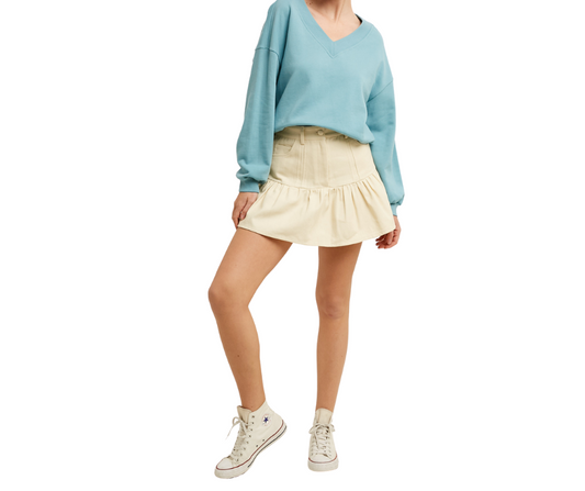 Cream Denim Cutes-y Mini Skirt w/ Fitted Upper and Bottom Ruffle